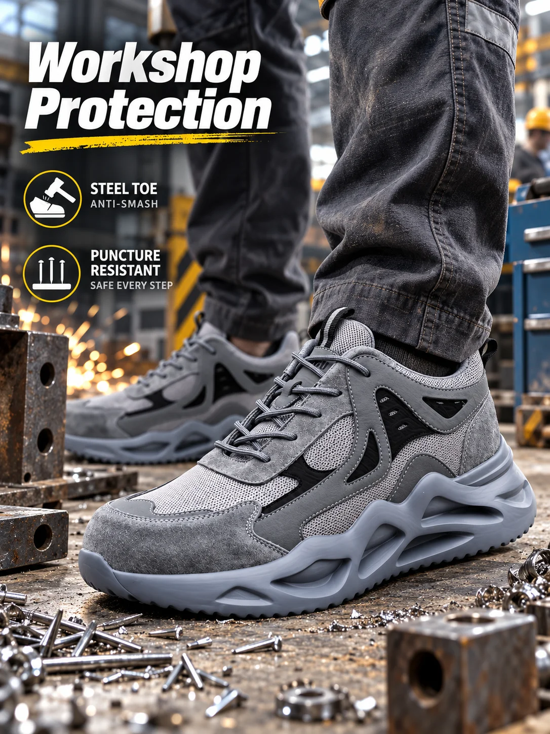 Puncture-Resistant Impact-Resistant Work Shoes Men's Steel Toe Safety Work Boots Breathable Slip-Resistant Oil-Resistant