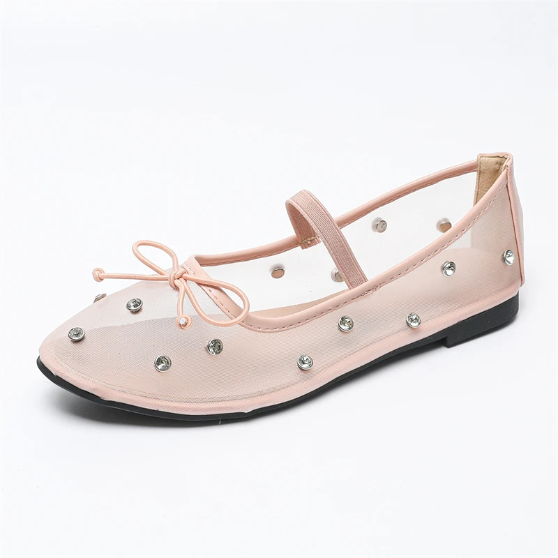 

Big Size 35-45 Pink Ladies Ballet Dancing Shoes Bowknot Elastic Band Design Women Flat Shoes Crystal Breathable Sapatos Femimino