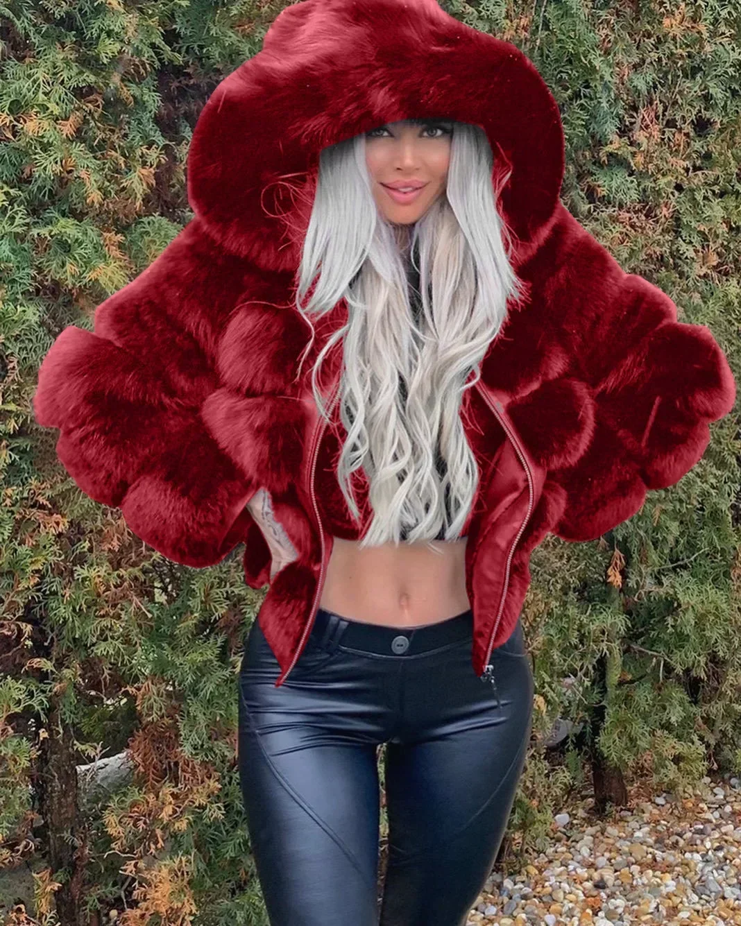 Autumn Winter Women Fashion Long Sleeve Solid Color Faux Fur Coat Hooded Warm Coat