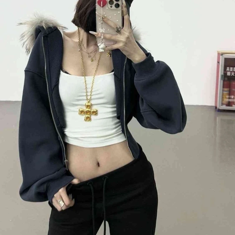 Deeptown Vintage Fur Collar Zipper Hoodies Women Harajuku Fashion Crop Hooded Sweatshirt Korean Style Casual High Street Hoodies