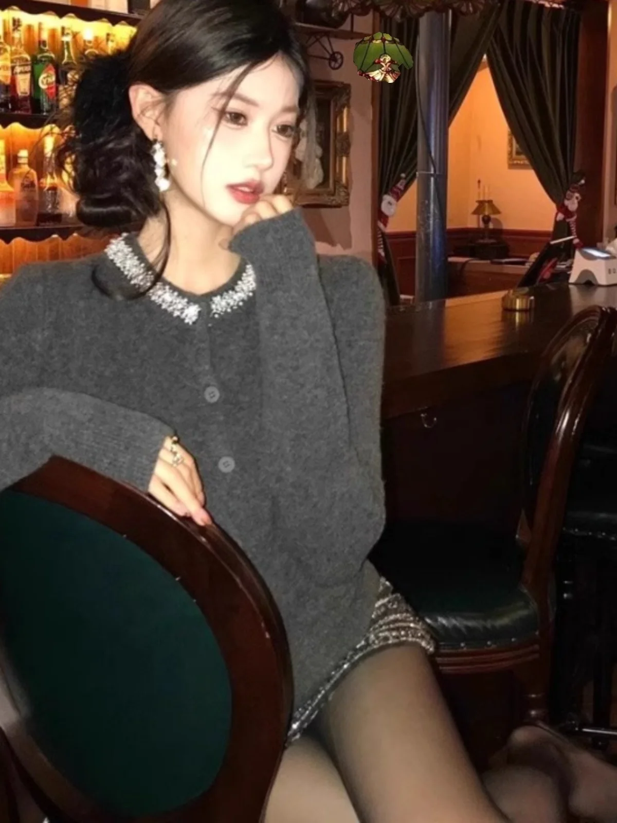 Elegant Diamond Embedded Knitted Open Cardigan Sweater Women's Autumn Winter High End Unique Beautiful Outerwear