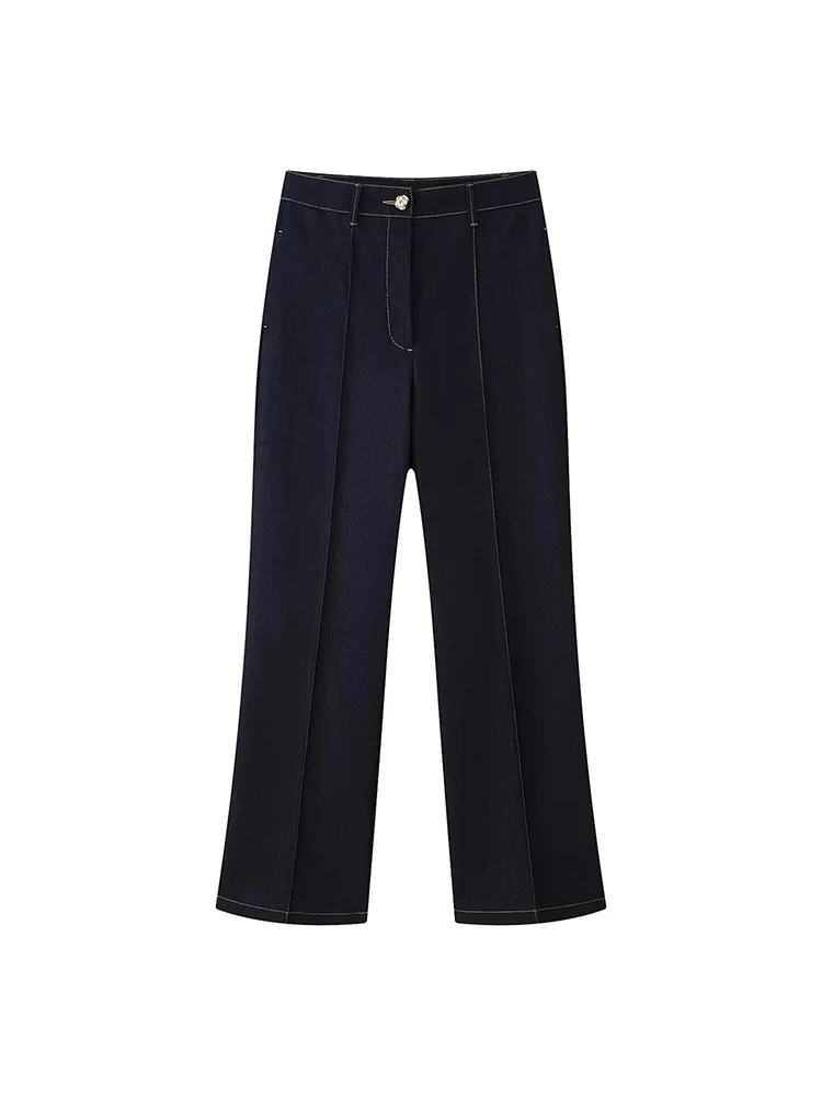 بنطلون جينز نسائي بساق مستقيمة باللون الكحلي وياقة مع طية صدر وسترة جينز بأكمام طويلة وصدّار واحد وملابس غير رسمية للنساء