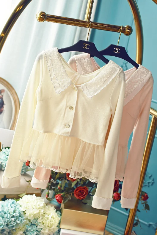 Japan Liz Lisa Chiffon And Mesh Embroidery Two Layers Collars Knitted Lace Shirt Cardigan Top