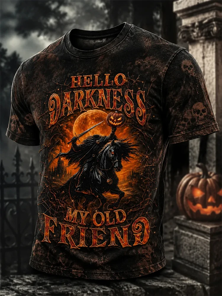 Men's Halloween Crew-Neck Casual Short-Sleeve T-Shirt Trendy Pumpkin-Print Top Oversized and Loose-Fitting Short-Sleeve