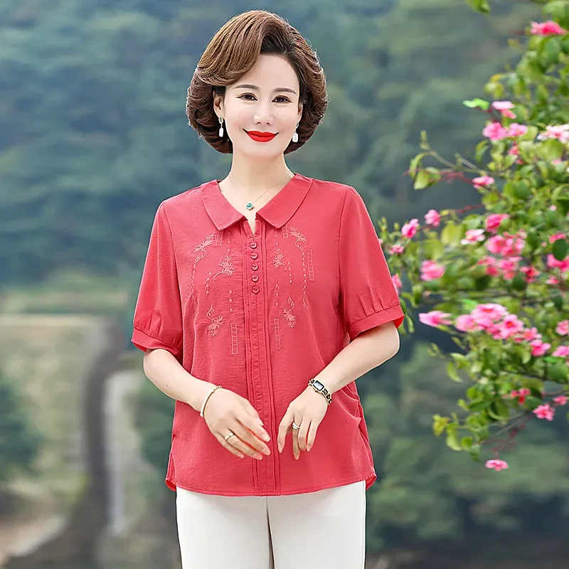 

Women's Embroidered Blouse Peter Pan Collar Short Sleeve Button Down Casual Top for Middle-Aged