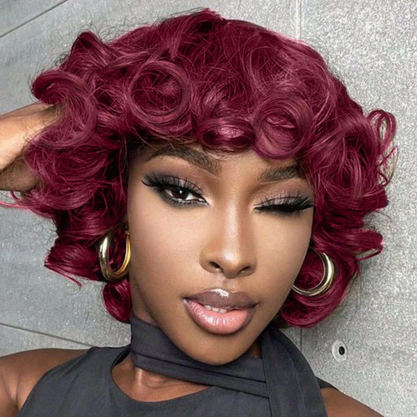 

Short Orange Burgundy Rose Curly Wave Human Hair Wig With Bangs Cheap Wigs Human Hair For Beginner Friendly Machine Made