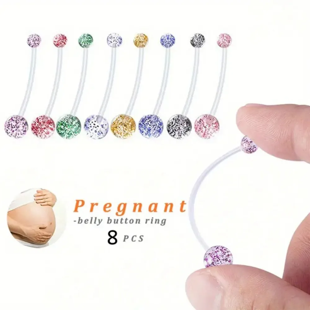 8 Uds. Anillos acrílicos para ombligo con forma de estrella de lentejuelas brillantes, Piercing para ombligo de poste largo Sexy, joyería para mujeres embarazadas