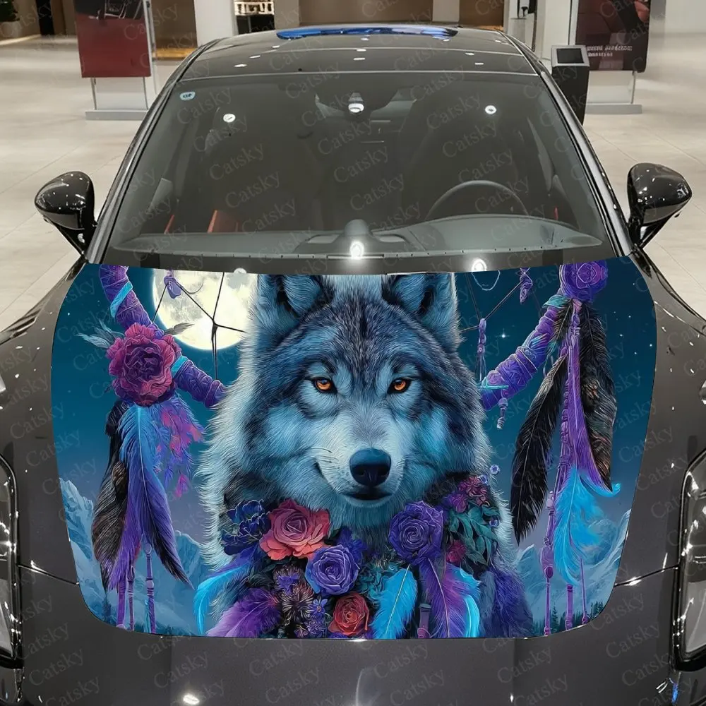 Moonlit Dreamcatcher Wolf Car Vinyl Wrap, PVC Waterproof Car Hood Sticker, Self-Adhesive Scratch-Resistant Stickers