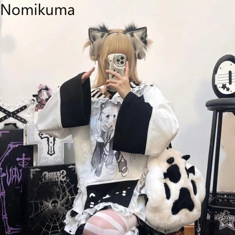 اليابانية تي شيرت ملابس حريمي Y2k بلايز بحار طوق كم طويل فضفاض الكرتون تيز موضة Camisetas أنيمي طباعة لطيف التي شيرت