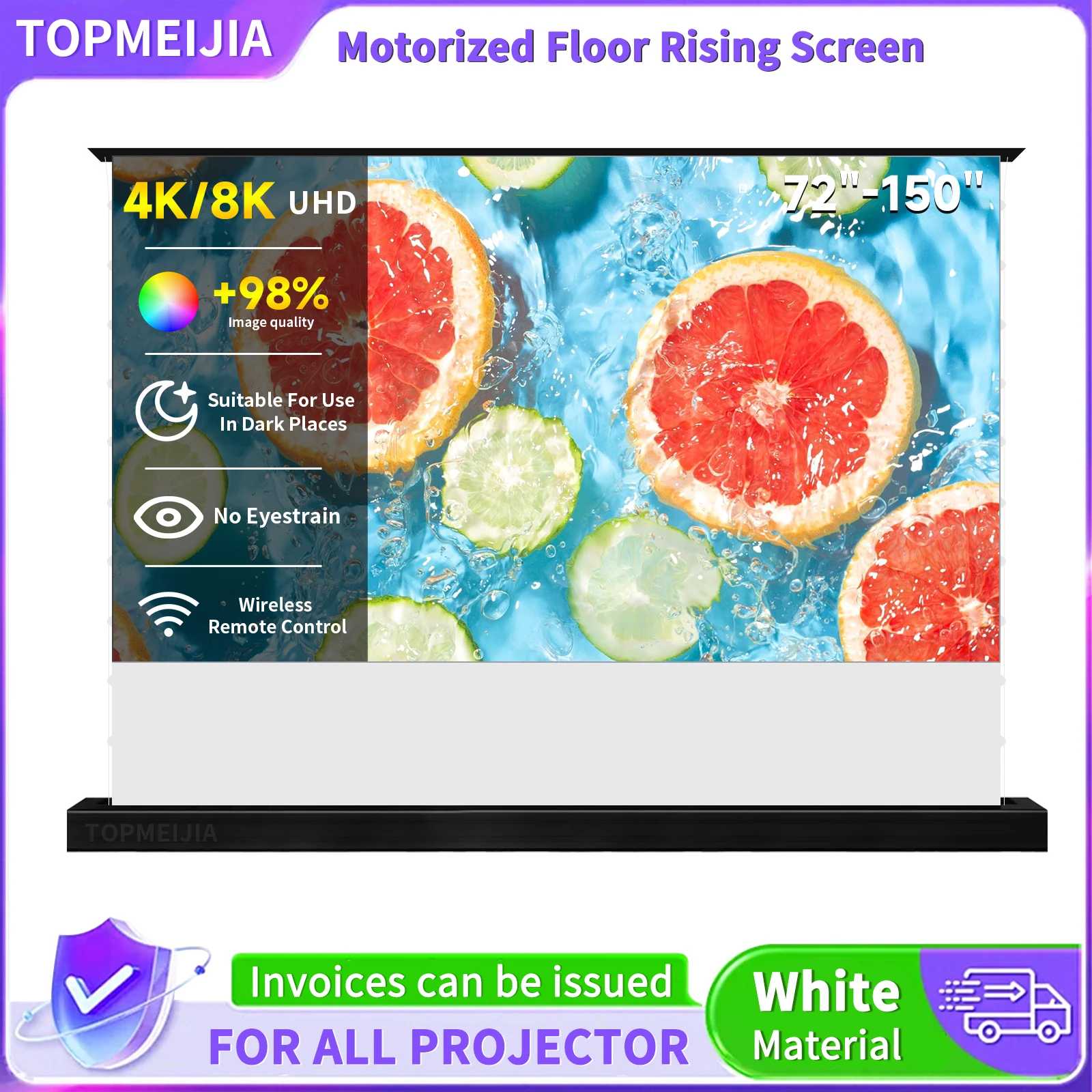 72''-150'' Motorized Tab-Tensioned Floor Rising Cinema White Projection Screen For for AWOL 2500 3000 3500 Pro Projector