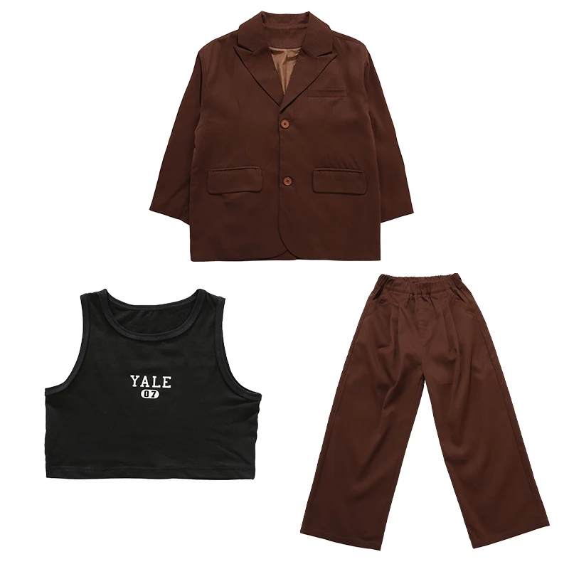 Jazzdans Pak Voor Kinderen Hiphop Kleding Street Dance Kostuum Lange Mouw Top Broek Koffie Vest Pak Stadium Outfit Dragen DQL10069