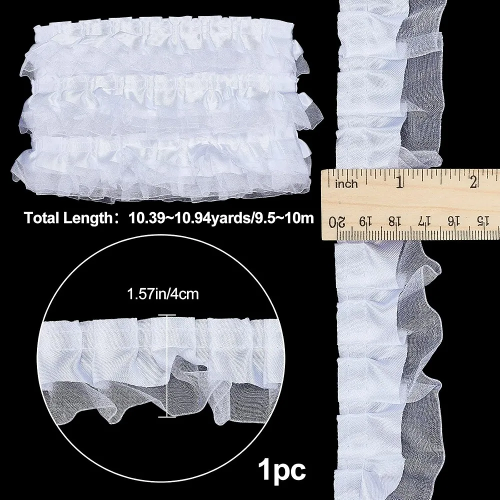 10.9 Yards 2 Layer Organza Lace Ribbon Pleated Satin Lace Edge Trim 1-5/8 Inch White Ruffle Chiffon Edging Trimmings Tulle