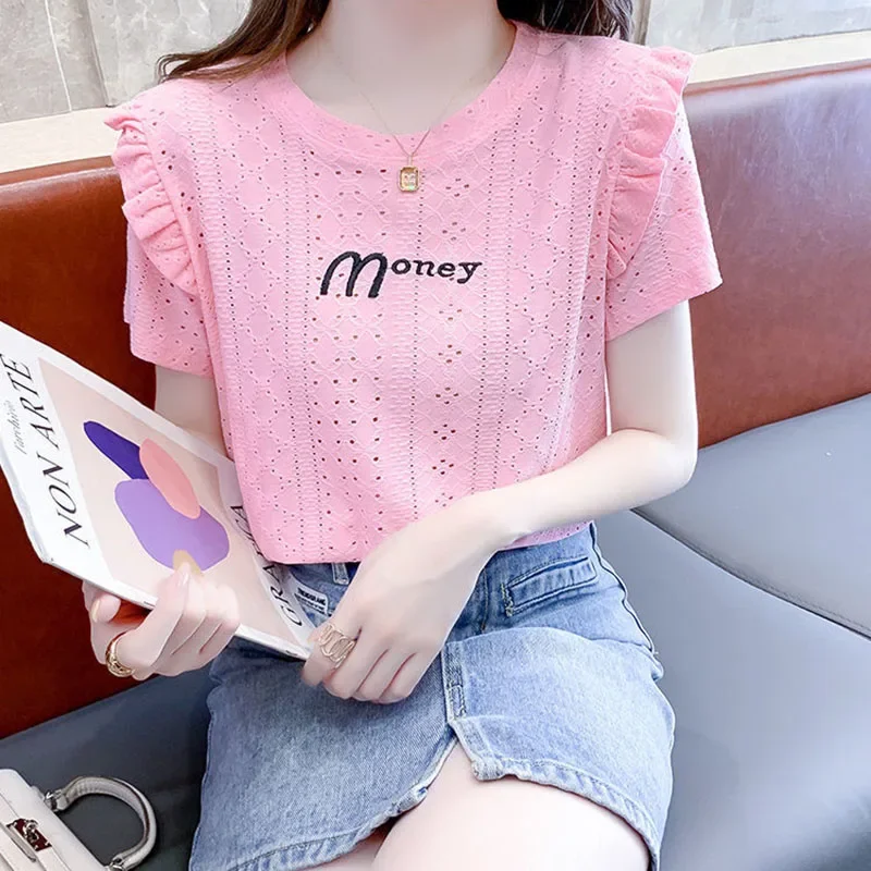 Short-sleeved T-shirt women's summer 2024 new fashion ruffled hollow letter embroidery casual loose temperament top.