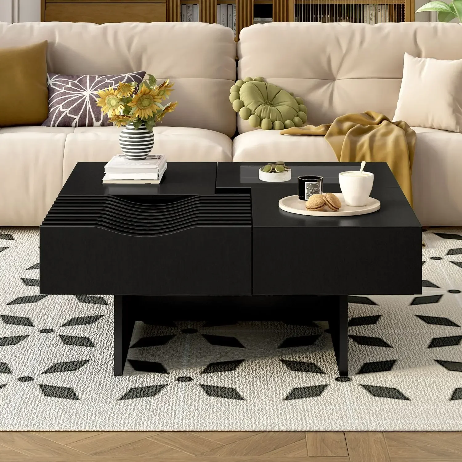 

Современный журнальный столик середины века 33 дюйма, уникальный квадратный столик с 3 ящиками, закаленным стеклом и ножками из массива дерева, деревянный журнальный столик