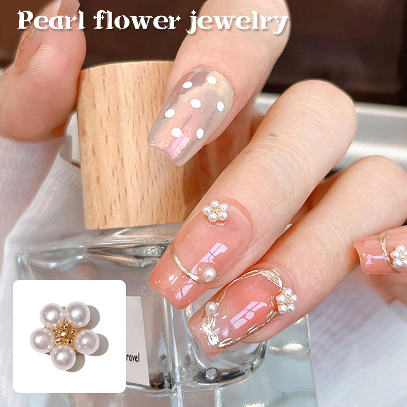 5Pcs DIY Nail Art Decor 3D Five-petal White Pearls Flower Nail Drills Pearl Flowers Manicure Diamond Manicure Nail Art Design