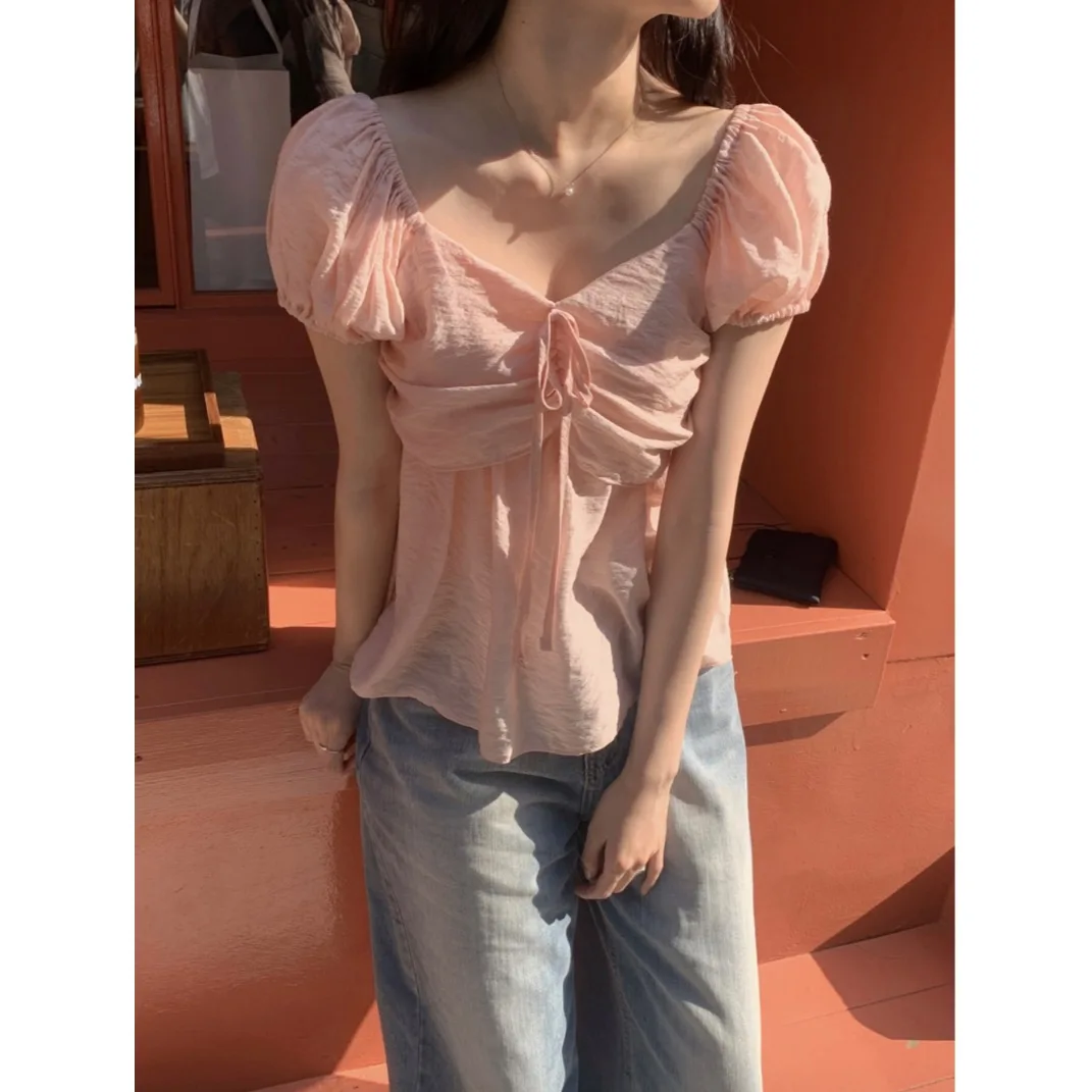 Sweet Chic Short Sleeve One Shoulder Chiffon Top Women's Versatile Slimming Trendy Summer 2026 Fashion Korean Style Blouse