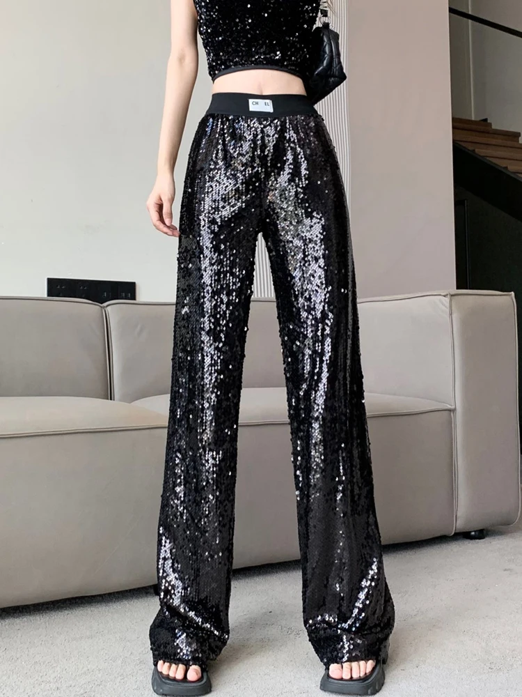 

Women Sexy Glitter Sequin Shiny Party Pants Spring High Waist Slim Straight Trousers Summer Wide Leg Pants Office Lady Sweatpant