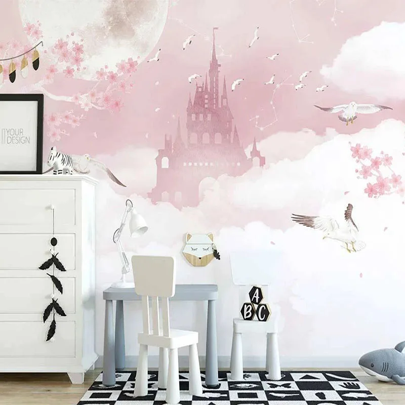 Custom Any Size Mural Wallpaper Nordic Ins Hand-painted Pink Clouds Cute Castle Flowers Children Room Background Wall Painting