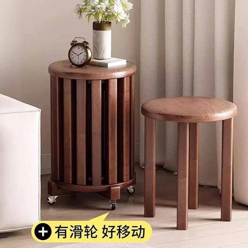 Solid Wood Stackable Round Stool Set Foldable Chair with Wheels for Coffee Table Dining Room Extra Seat