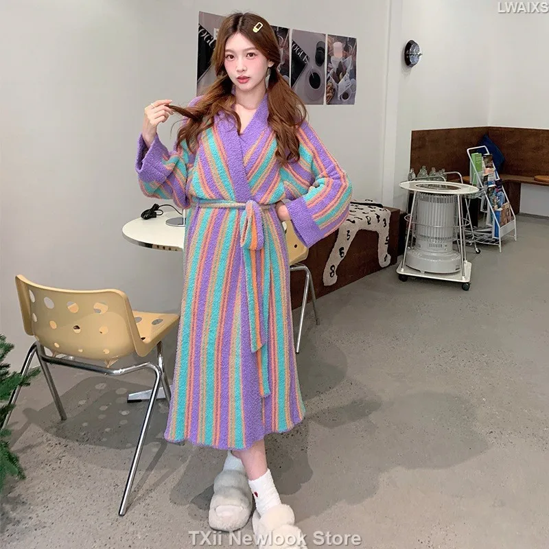 TXii Newlook Home Clothes Thickened Soft Nightgown Nightgown Nightgown Women\'s Autumn and Winter Vertical Belt Elegant Sweet