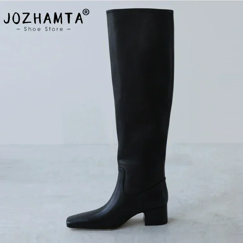 JOZHAMTA, botas hasta la rodilla de talla 34-43 para mujer, zapatos de tacón alto de bloque de cuero genuino, botas altas largas informales de pantorrilla para invierno 2025