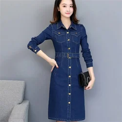 Spring Autumn Women Denim Dress Long Sleeves Mid Long Slim Sexy Cowboy Package Hip Dress Ladies Streetwear Vintage Casual Dress