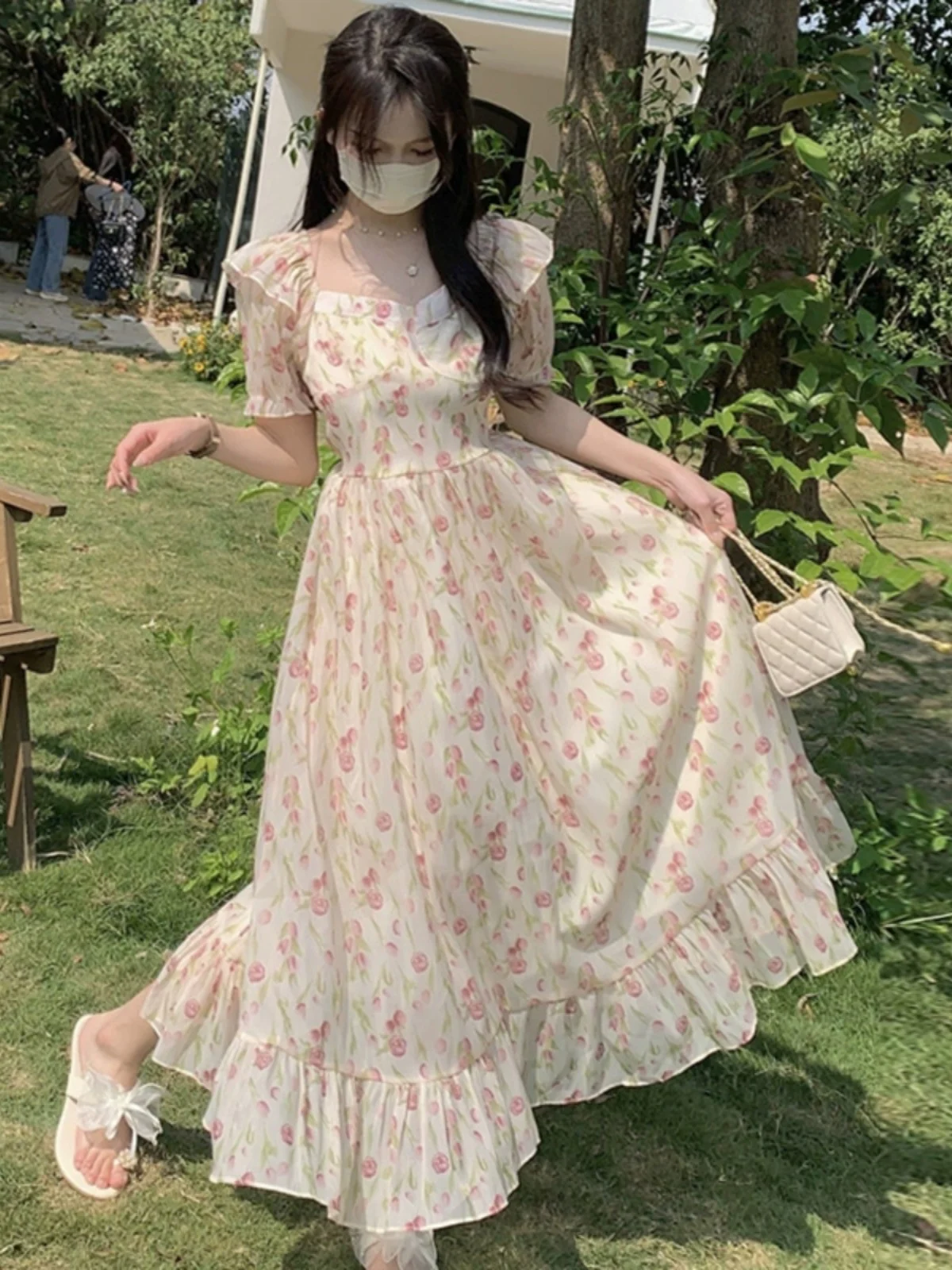 

plus Size Women's Summer Dress Tulip Hem Short Sleeve V-Neck High Waist A-Line Long Skirt Conceal Meat Floral Print Chiffon D...