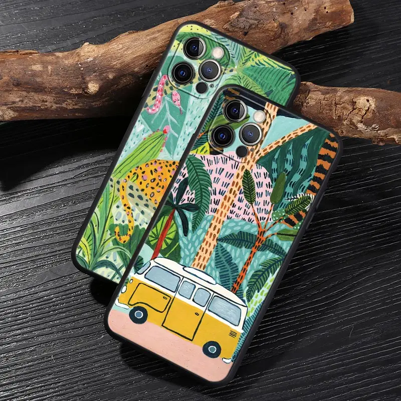 Jungle Art illustration Snake Cats Sloth Funda For iphone 15 Pro Max Case 14 11 12 13 Mini 15 Pro 14Plus XS X 7 8 SE Soft Cover