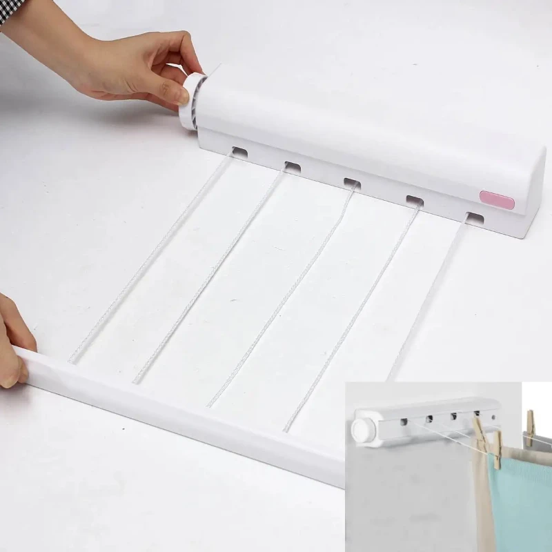 5 Line Retractable Clothes Airer Washing Line Laundry Wall Mount Dryer Hanger Clothesline Outdoor Washing Line Drying Rack 3.7M
