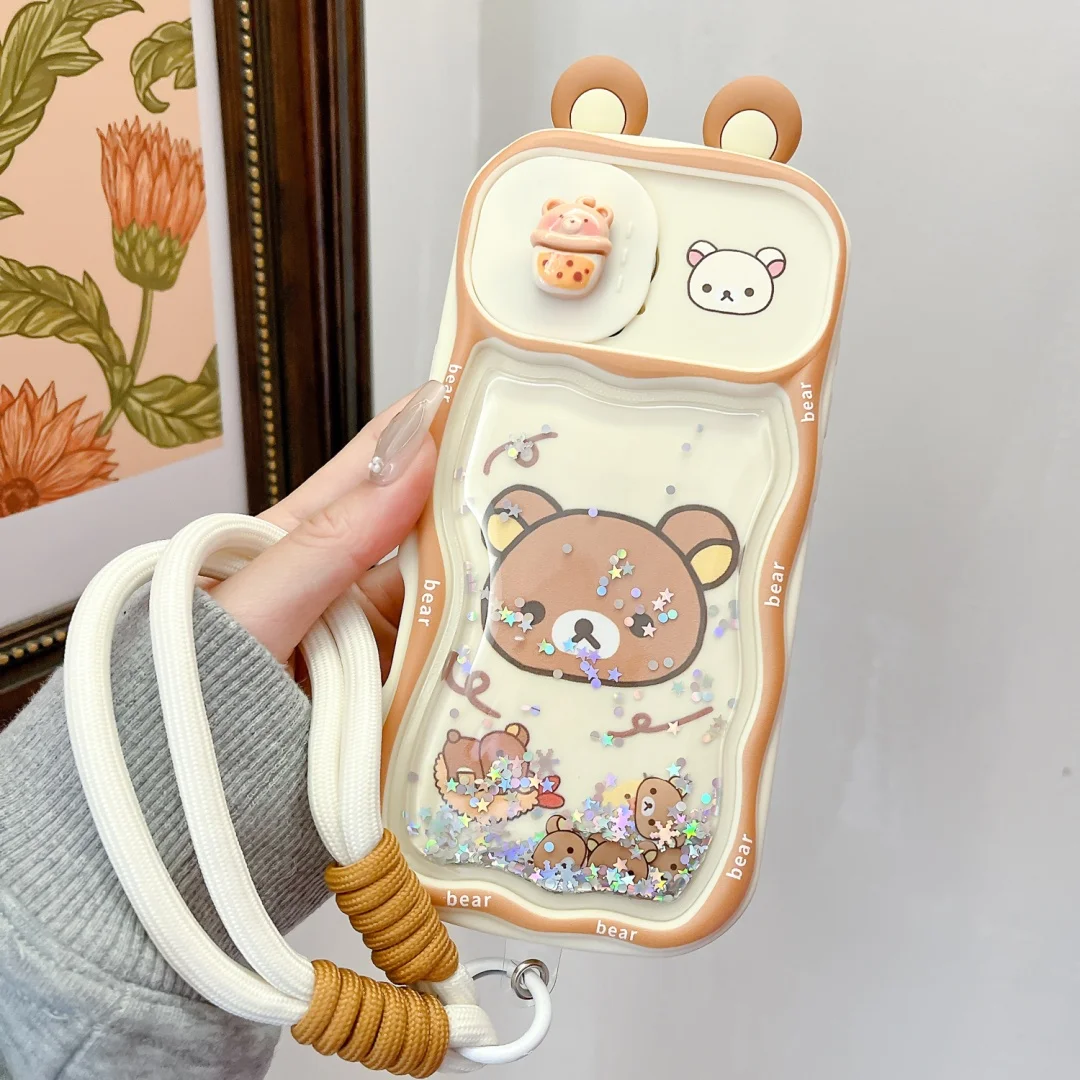 

INS Japan Cartoon quicksand Bear Couple Family Phone Case For iPhone 17 16 15 14 13 12 11 Pro Max XR XS Plus Anti Fall Cover