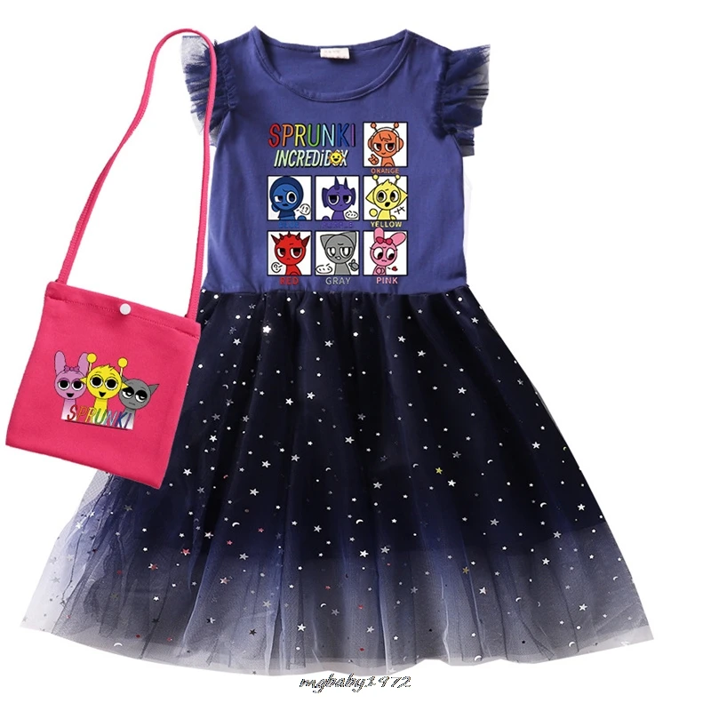 Lovely 2-9Y New Game Sprunki Baby Girl Summer Party Dress Bag Kid Sleeveless TShirt Sequin Children Dresses Toddler Girl Outfits