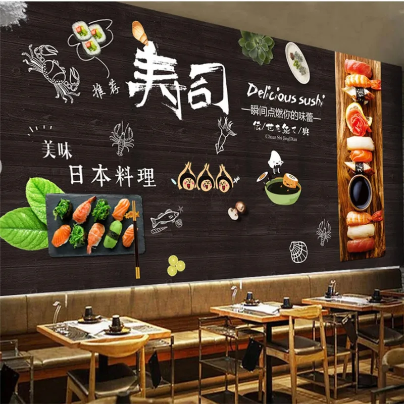 Japanese Cuisine Sushi Restaurant Industrial Decor Background Mural Wallpaper 3D Modern Sushi Shop Blackboard Wall Paper 3D