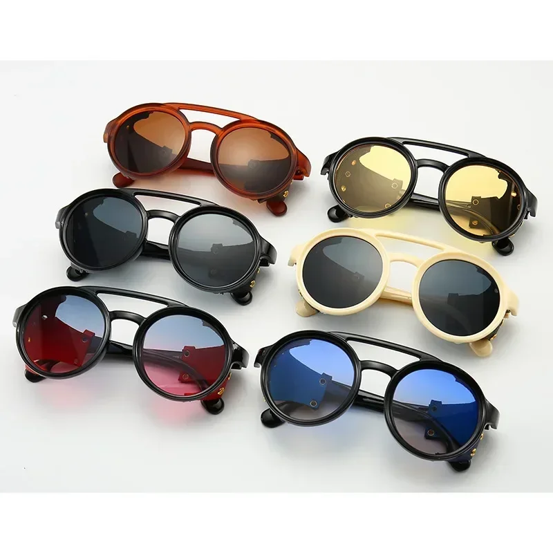 Sunglasses Windproof Mountaineering Steampunk Round Eyewear for Men with Leather Side Goggles UV400 Cycling Riding Glasses