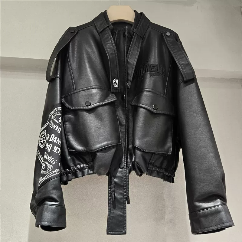 Foreign trade collision color stitching denim coat letter print loose women's jacket top popular all match