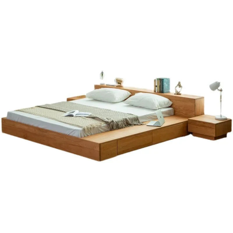 

Nordic black walnut, cherry oak low bed simple solid wood, master bedroom double bed tatami