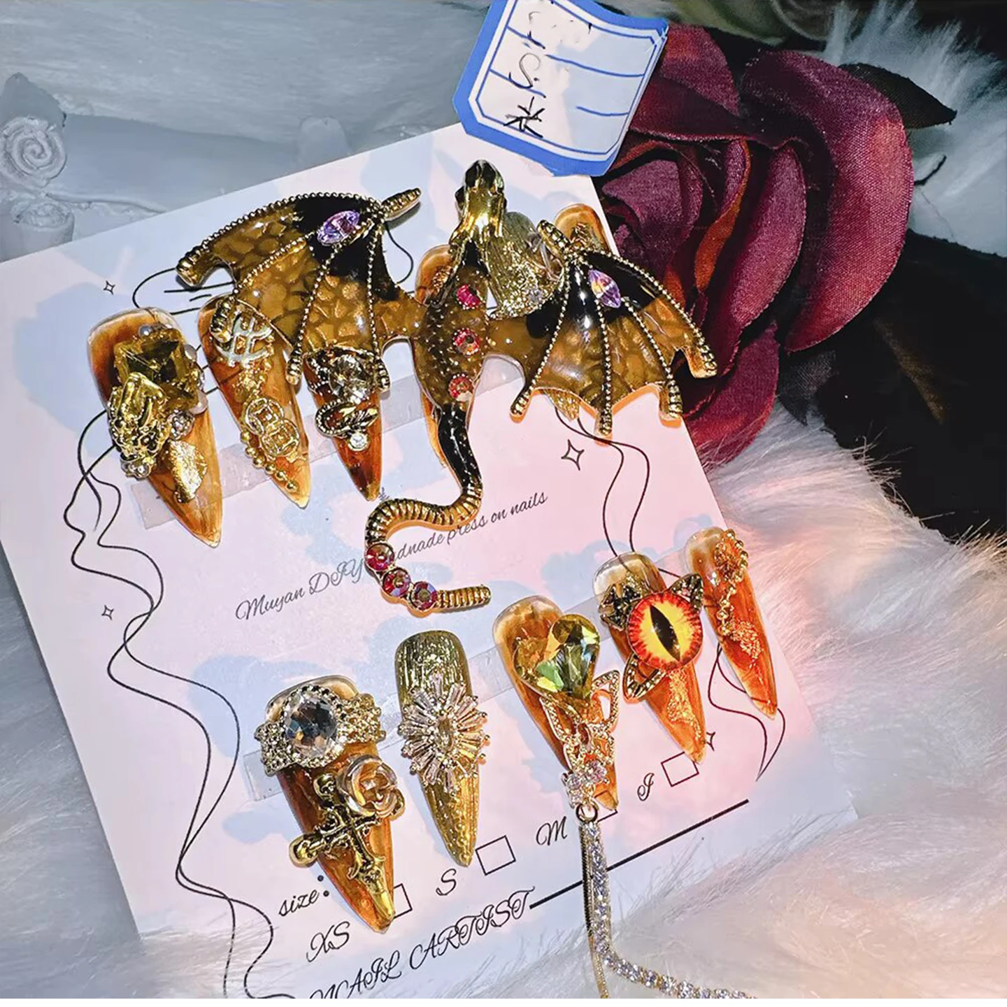 10Pcs High Quality Handmade Press on Nails Real Shot Pure Hand Drawn Wealth Accumulating Dragon Amber Exaggerated Super Cool