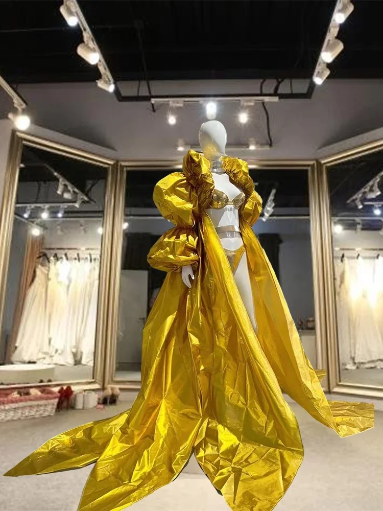 Gold Bikini Cloak dresses Singer birthday Party Festival Evening Dresses Drag Queen luxury celebrity Costume