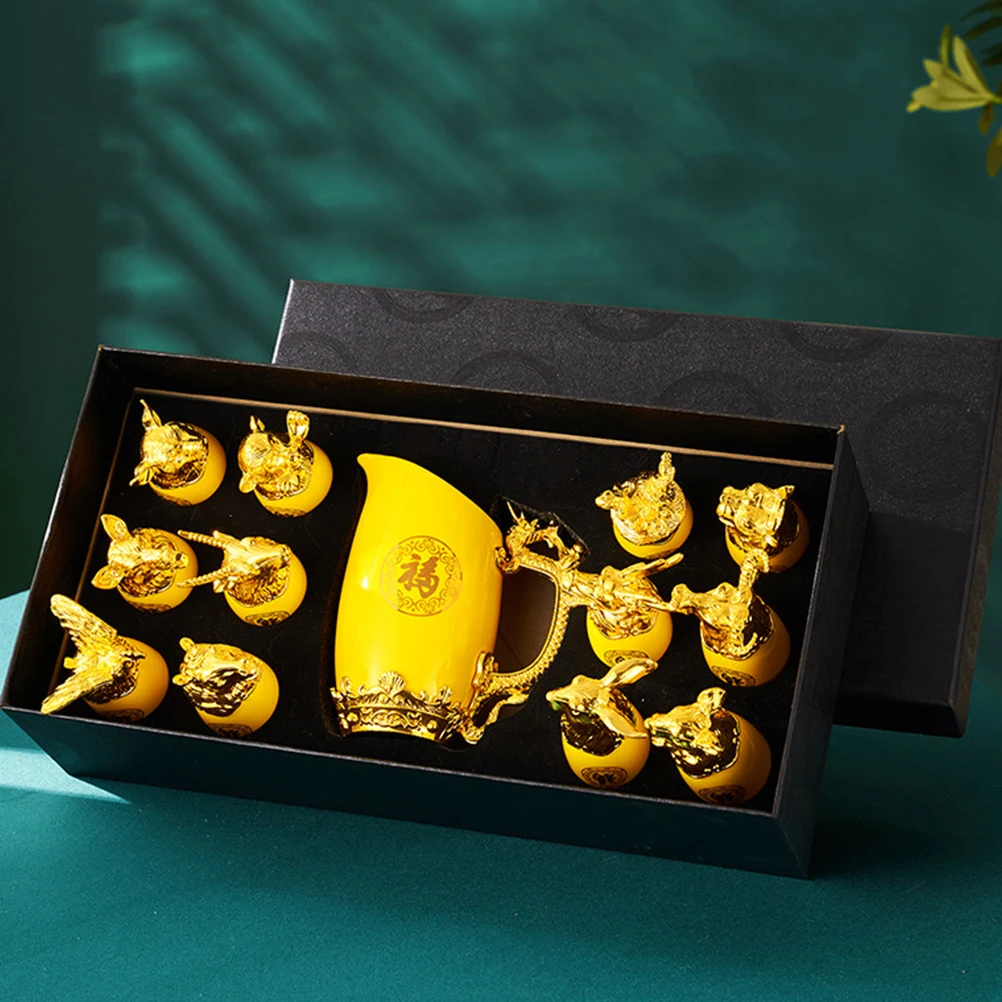 

1Set Zodiac Animal Wine Cups Kit Yellow High-Quality Ceramic Liquor Dispenser Gold-Trimmed Decorative Drinkware for Parties and