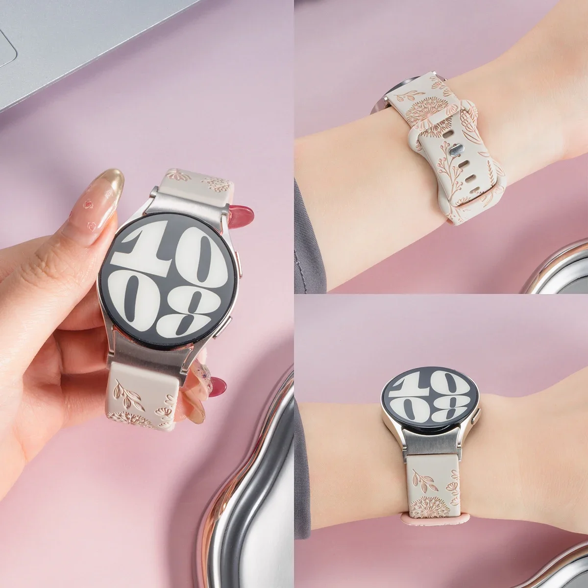 Pulseira de silicone sem lacuna para samsung galaxy watch 4/5/6/7 44mm 40mm pulseira de dente de leão gravada para galaxy watch 6 clássico 47mm