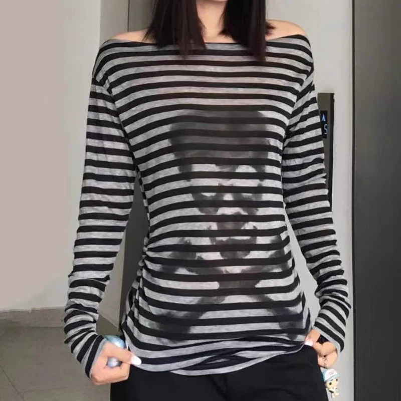 Women Fairy Grunge Basic 90s Vintage T Shirt Y2K Black Grey Striped Off Shoulder spring Long Sleeve Goth Tees Emo girl T-shirt