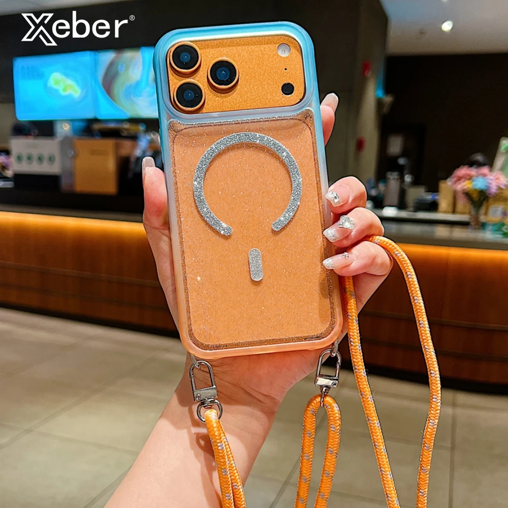 Halsketten-Schnur-Lanyard mit Farbverlauf und Glitzer, transparente Hülle für iPhone 17 16 15 Pro Max, kompatibel mit MagSafe kabellosem Laden
