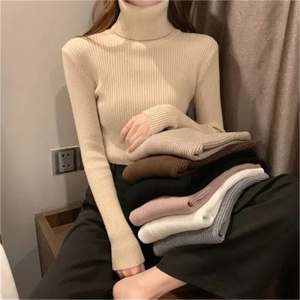 

Elegant Turtleneck Women Slim Sweater Winter Pullover Slim Bottoming Knitted Top Casual Long Sleeve Fleece Lined Jumper Knitwear