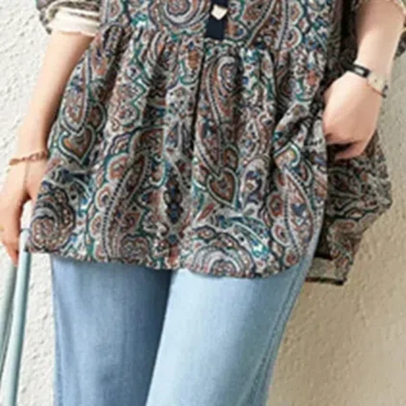 2024 Summer Women\'s Casual Fashion Elegant Commuting Loose Print V-neck Willow Nails Chiffon Lining Mid Sleeve Shirt Top