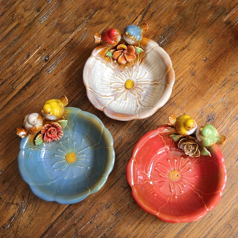 Lovely Couple Birds On Flower Ceramic Tray Red Blue White Colors For Home Tabletop Keys Rings Watch Storage Kitchen Fruit Dish