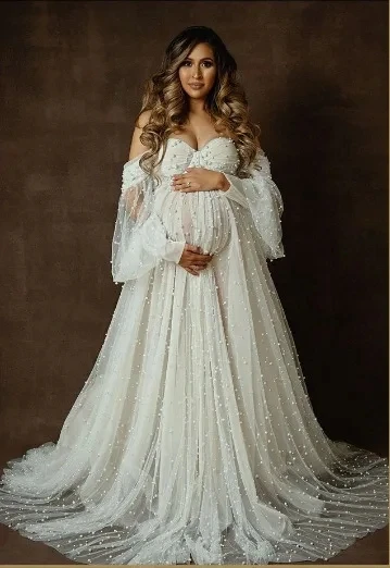 2024New Maternity Photography Props Dress Dense Pearl White Yarn Maternity Photography Clothing Babyshower Gown Photo Shoot Preg