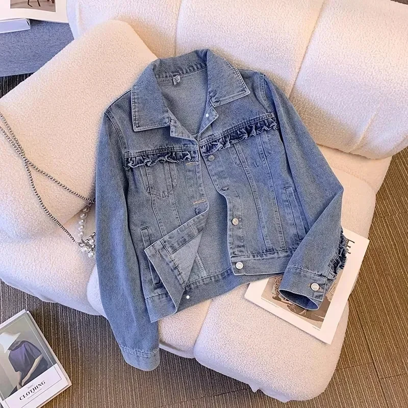 ﻿ Fashion Denim jacket Women's Spring And Autumn New Design Loose And Jacket Waveselvedge Top Trendy Short Jean Coat For Lady