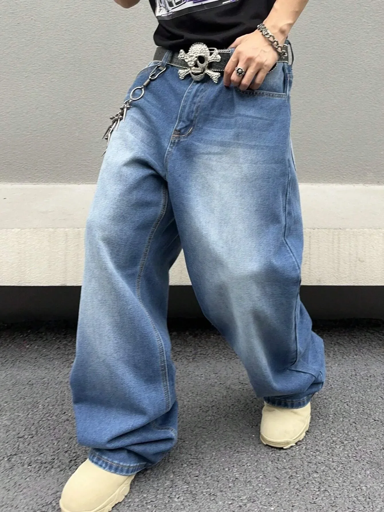 

Pop 1Pc Men's Daily Travel Casual American Street Loose Jeans, Black, Light Blue, Sea Blue Fashion Street Style Retro Lantern Je