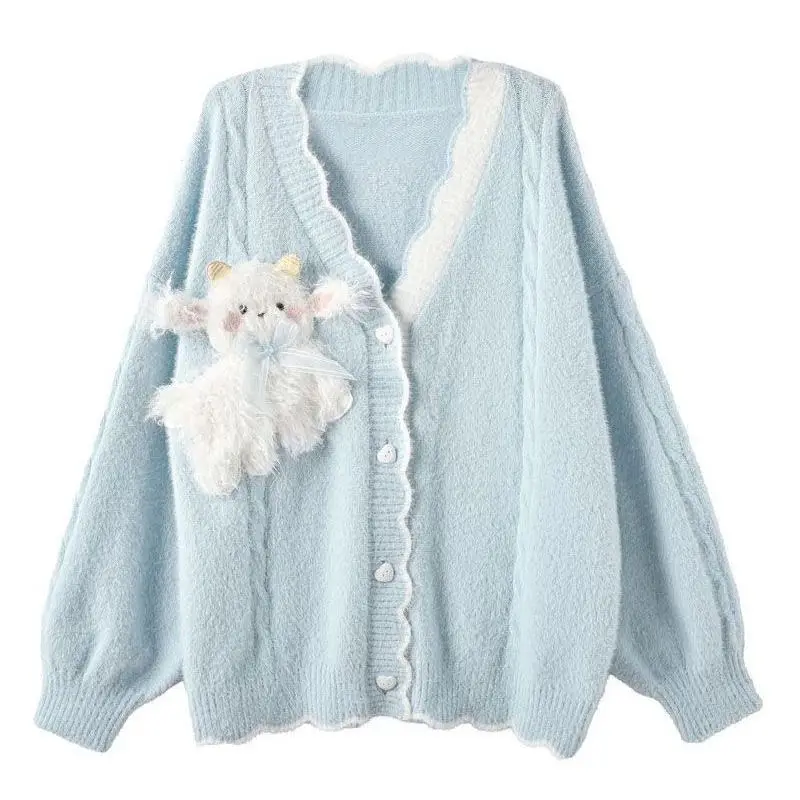 

Autumn Loose Elegant Sweet V-Neck Knitted Ssweater Solid Pretty Style Fashion Casual Lady Cardigan Lace Bow Sweater Women