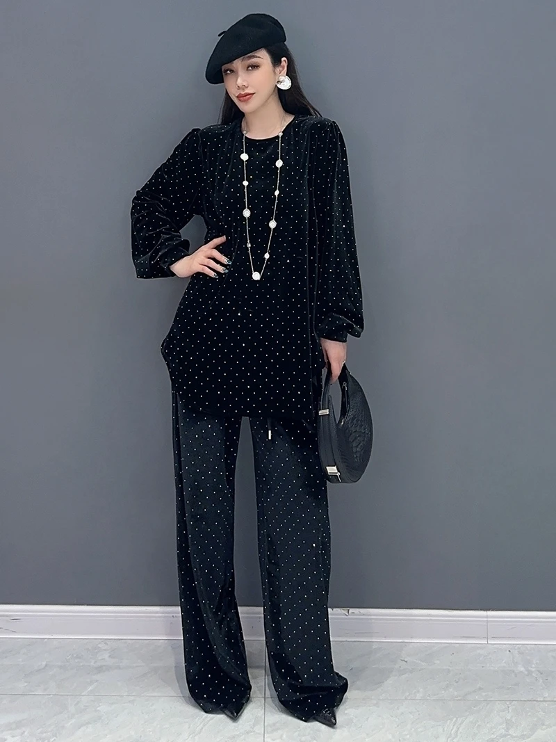 Vefadisa 2025 Spring Autumn New Polka Dot Printed Women Matching Set O-Neck Lantern Sleeve Top + Wide Leg Pants Suit ZXY613A