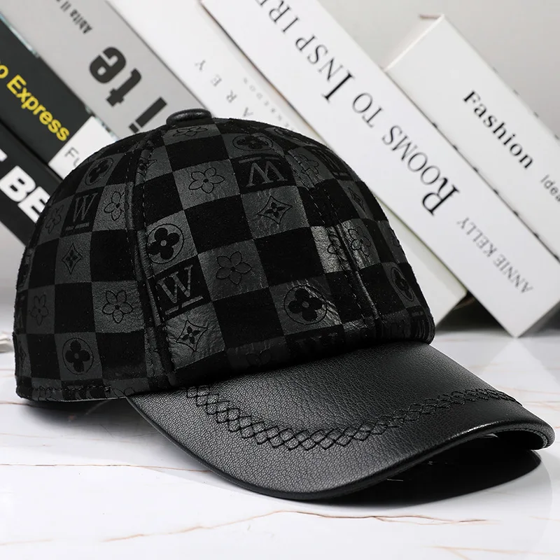 X7040 Adult Baseball Cap Outdoor Sunshade Hat Sheep Leather Hats Cashmere Leather Cap Male Card Pattern Printed Leather Caps